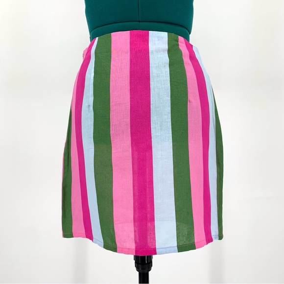 Zara NWOT Pink, Green, and Blue Striped Linen Blend Mini Skirt, Small - Picture 7 of 15